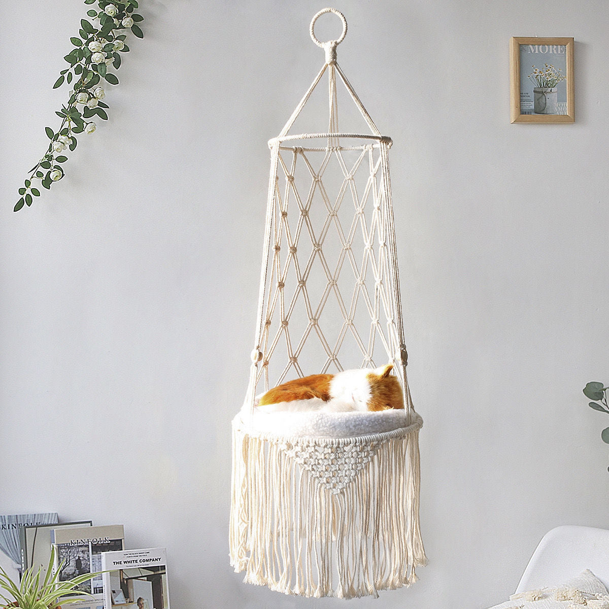 BohoPaws Macrame Pet Hammock: Handcrafted Wall Hanging Cat Bed