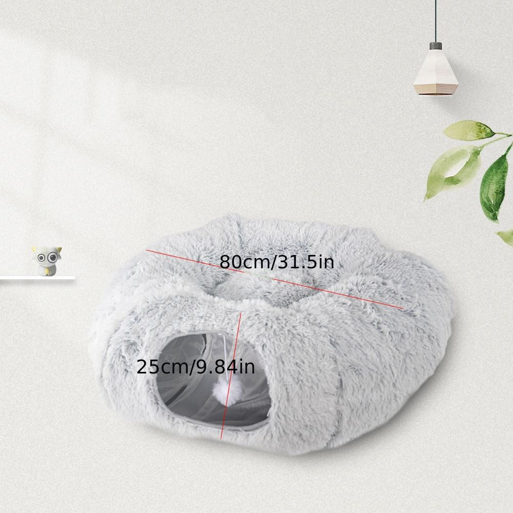 EcoCats' Cozy Haven: Sustainable Round Plush Cat Nest & Foldable Tunnel for Year-Round Comfort