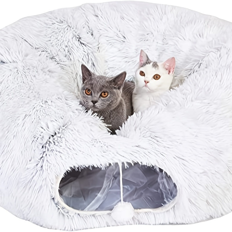 EcoCats' Cozy Haven: Sustainable Round Plush Cat Nest & Foldable Tunnel for Year-Round Comfort