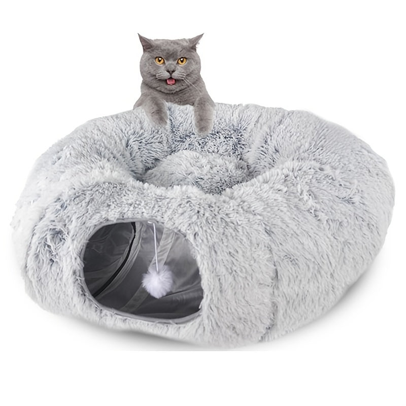 EcoCats' Cozy Haven: Sustainable Round Plush Cat Nest & Foldable Tunnel for Year-Round Comfort