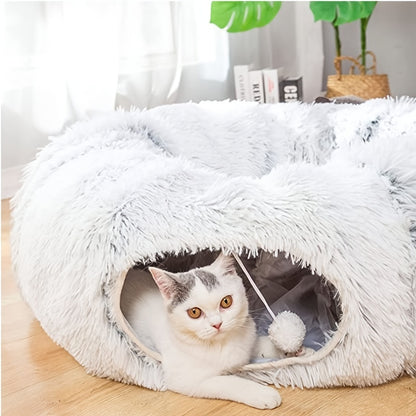 EcoCats' Cozy Haven: Sustainable Round Plush Cat Nest & Foldable Tunnel for Year-Round Comfort