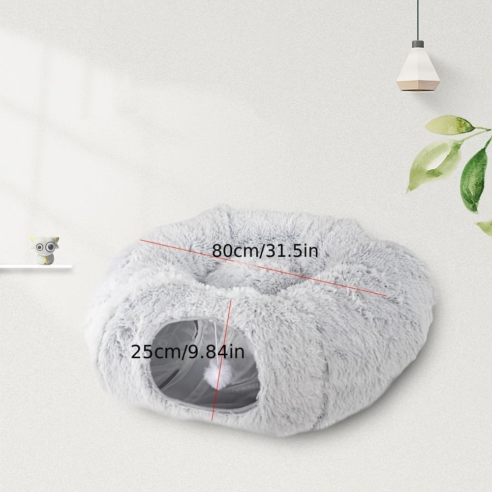 EcoCats' Cozy Haven: Sustainable Round Plush Cat Nest & Foldable Tunnel for Year-Round Comfort