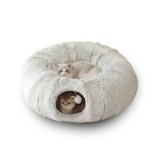 EcoCats' Cozy Haven: Sustainable Round Plush Cat Nest & Foldable Tunnel for Year-Round Comfort