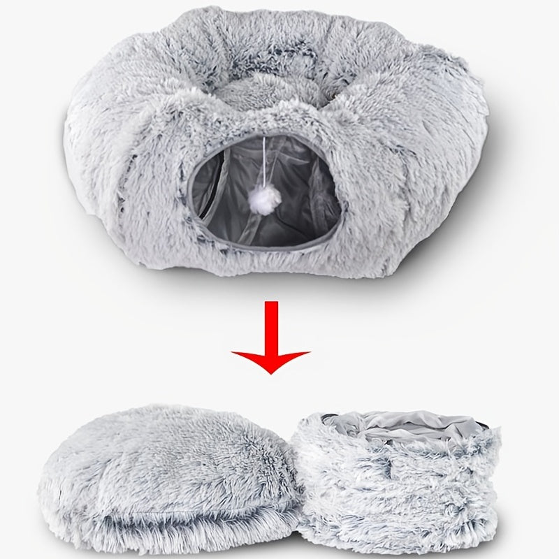 EcoCats' Cozy Haven: Sustainable Round Plush Cat Nest & Foldable Tunnel for Year-Round Comfort