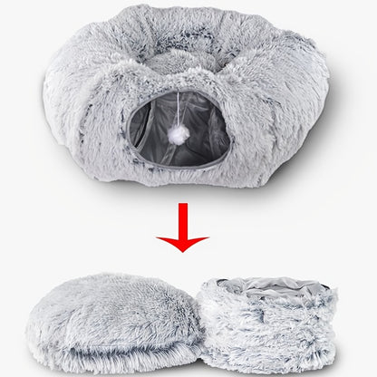 EcoCats' Cozy Haven: Sustainable Round Plush Cat Nest & Foldable Tunnel for Year-Round Comfort